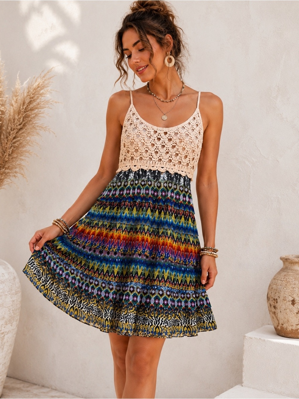 J Gee Boho Crochet Sundress M Festival Tiered Mini Dress Y2K Summer